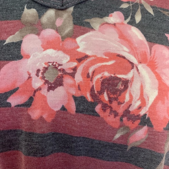 Mauve Pink Floral Stripe Print Slub Shoulders Top - Picture 7 of 9